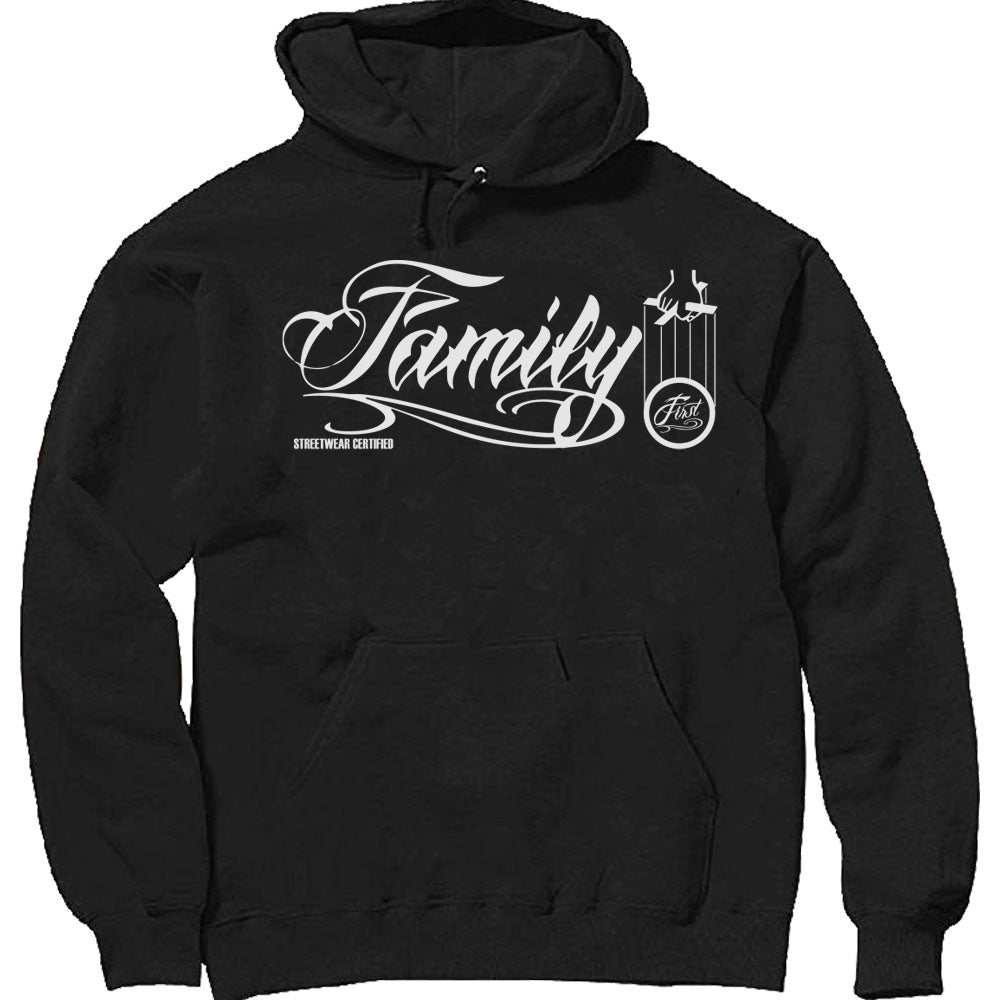Family First V10 heavyweight unisex pullover hoodie with fleece, lined hood, and pouch pocket
