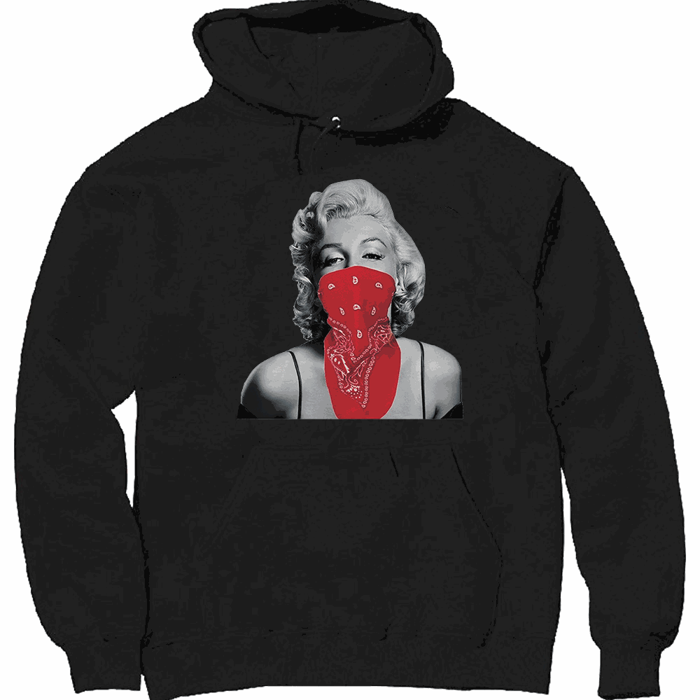 Marilyn wearing a red bandana pullover hoodie with fleece and pouch pocket