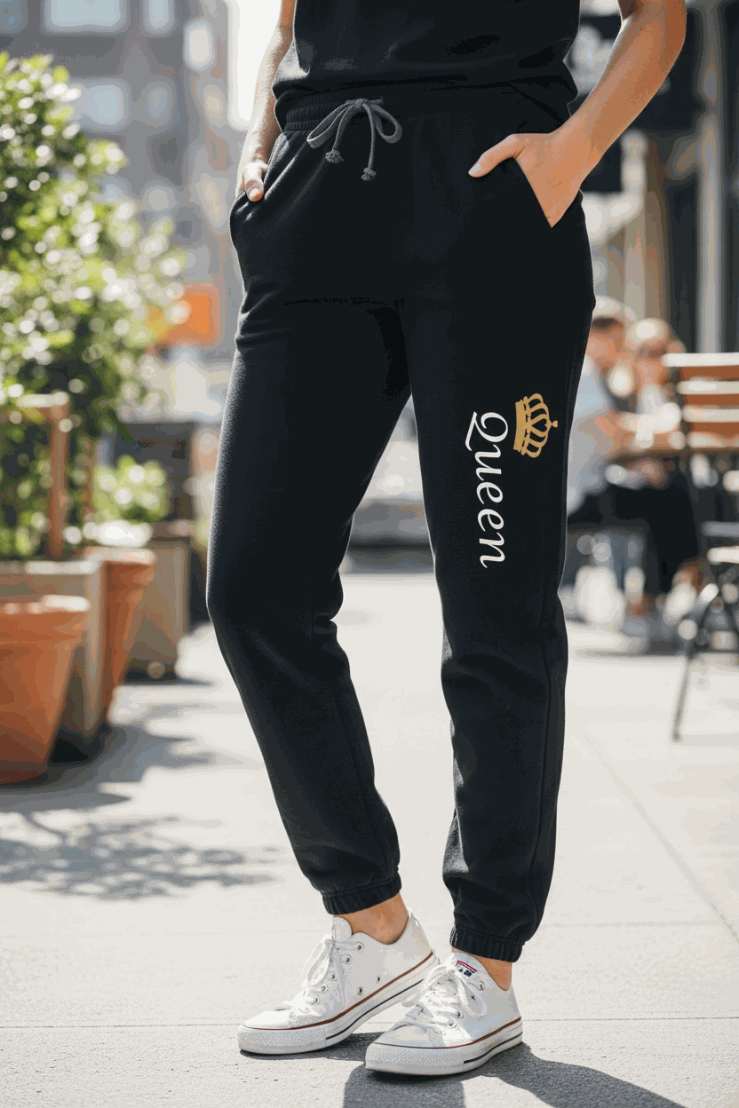 Queen jogger cotton polyester fleece pants with contrast drawcord and side pockets
