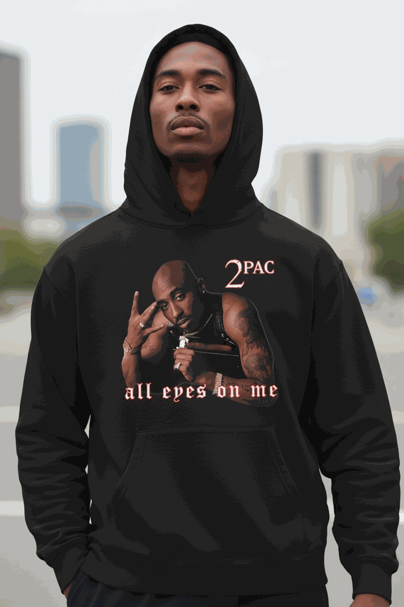 TUPAC All eyes on me classic heavyweight pullover hoodie with fleece lining and pouch pocket