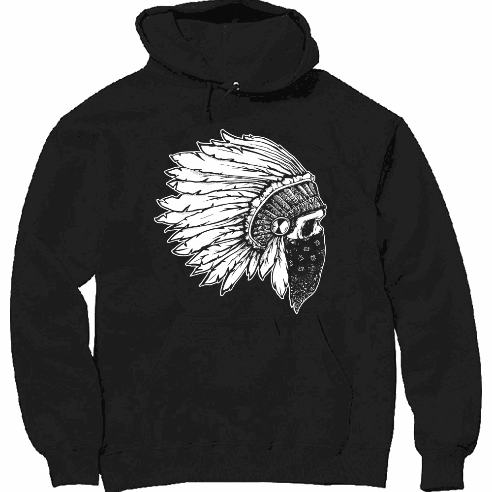 Skull bandana design on heavyweight pullover hoodie with lined hood and pouch pocket
